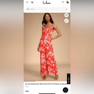Lulu’s Sunny Sweetness Red Floral Print Tie-Strap Jumpsuit
